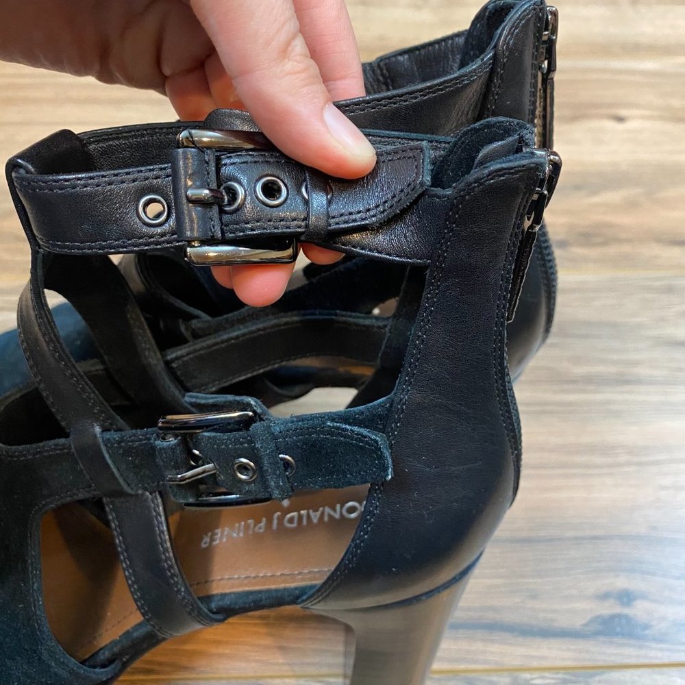 Donald Pliner Black Leather‎ Suede Strappy Open Toe Block Heel Sandals W9 Shoes - Picture 10 of 10